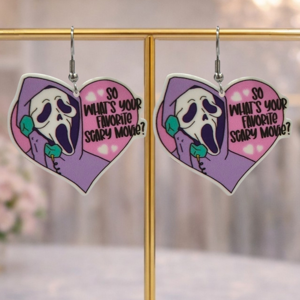 Ghostface Heart Earrings | Horror Movie Inspired Y2K Goth Statement Jewelry - Picture 2 of 4